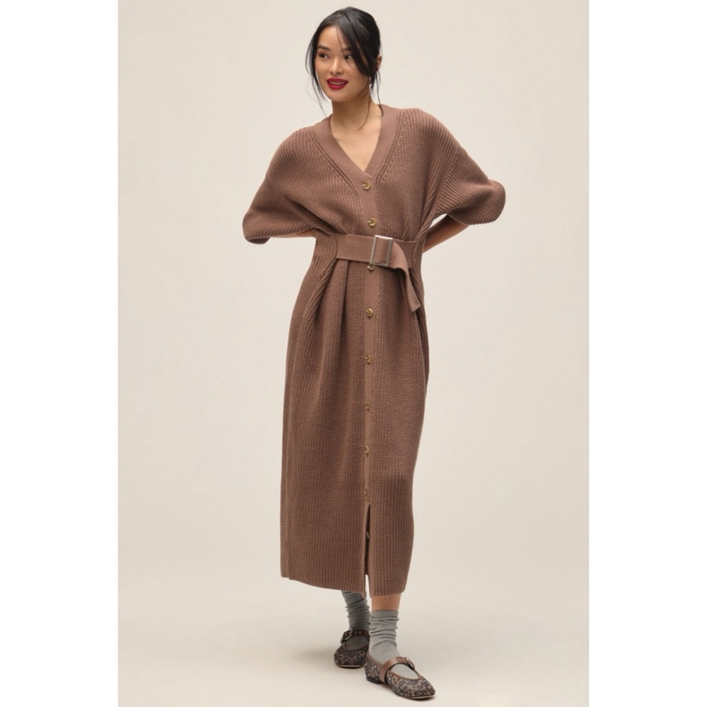By Anthropologie Long-Sleeve Belted Cardigan Sweater Midi Dress Tan Knit XL